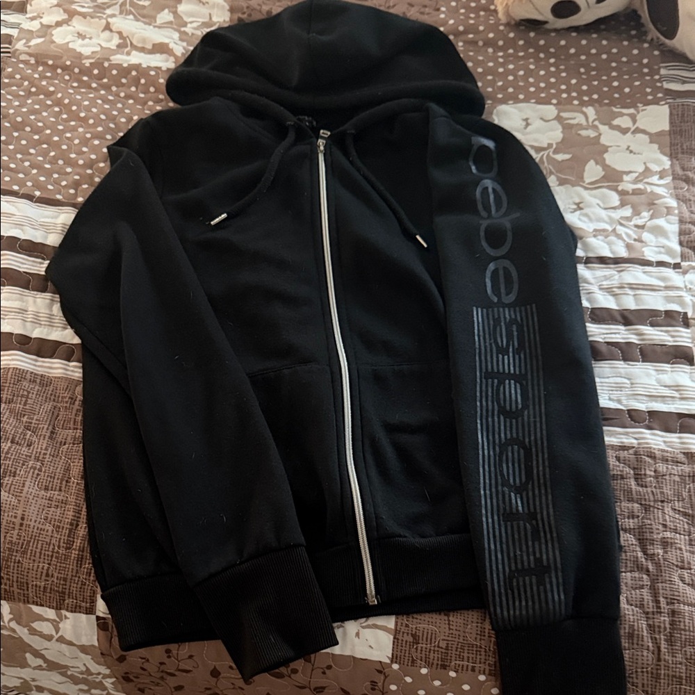 bebe Black Zip-Up Hoodie with Sleeve Logo